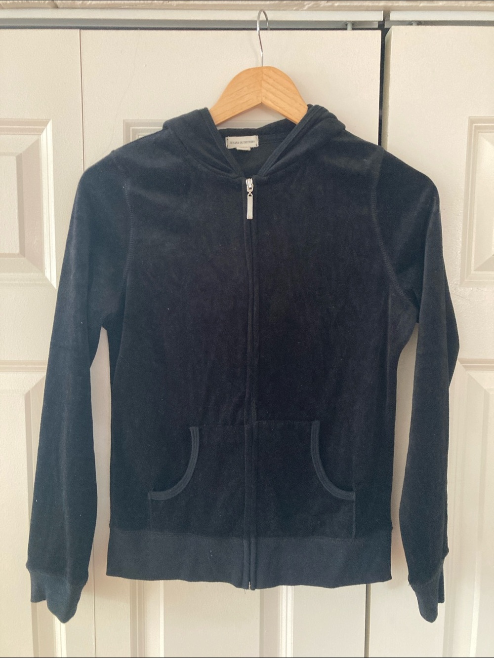 Fitted Black Velour Zip-Up Hooded Sweatshirt